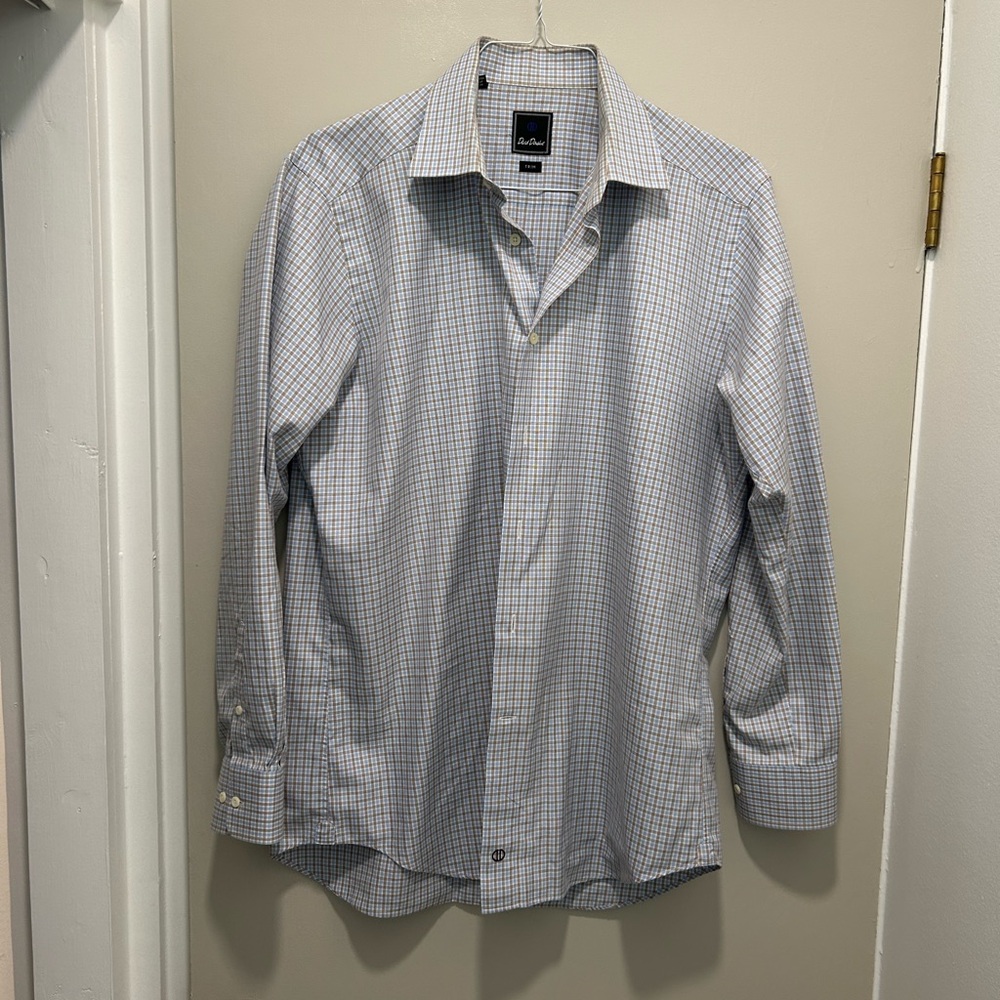 David Donahue Dress Shirt Blue and Brown Check 17x34/35